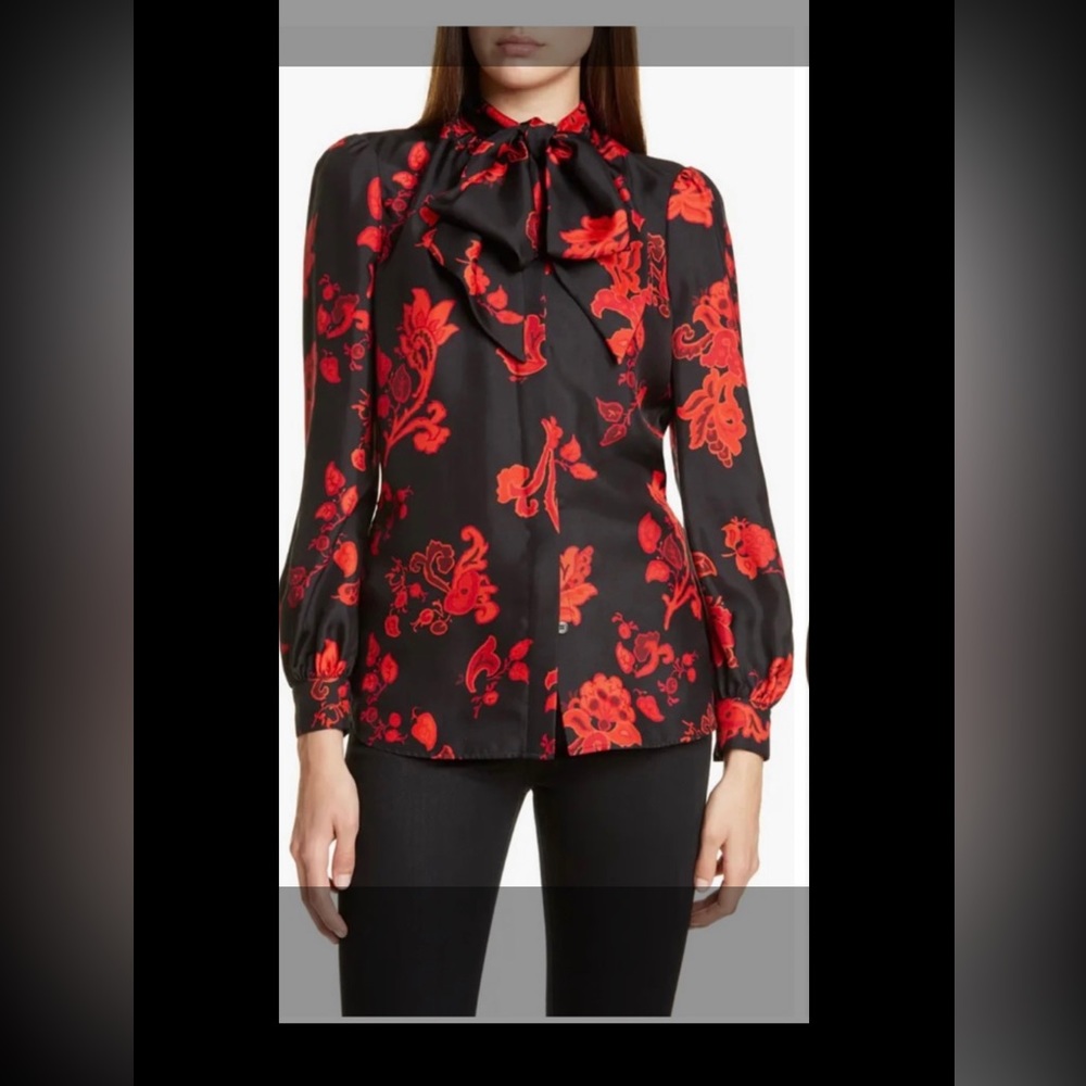Tory Burch Red  Floral Silk Tie-Neck Button Up Blues